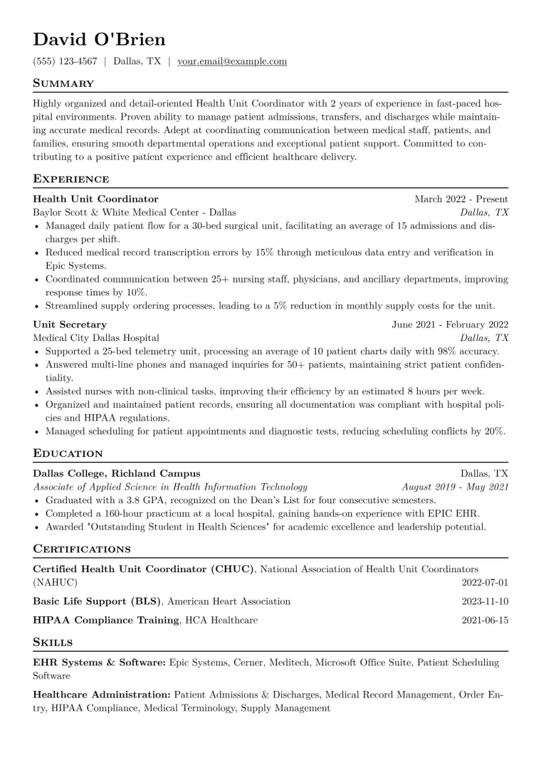 Health Unit Coordinator Resume Example CV template preview
