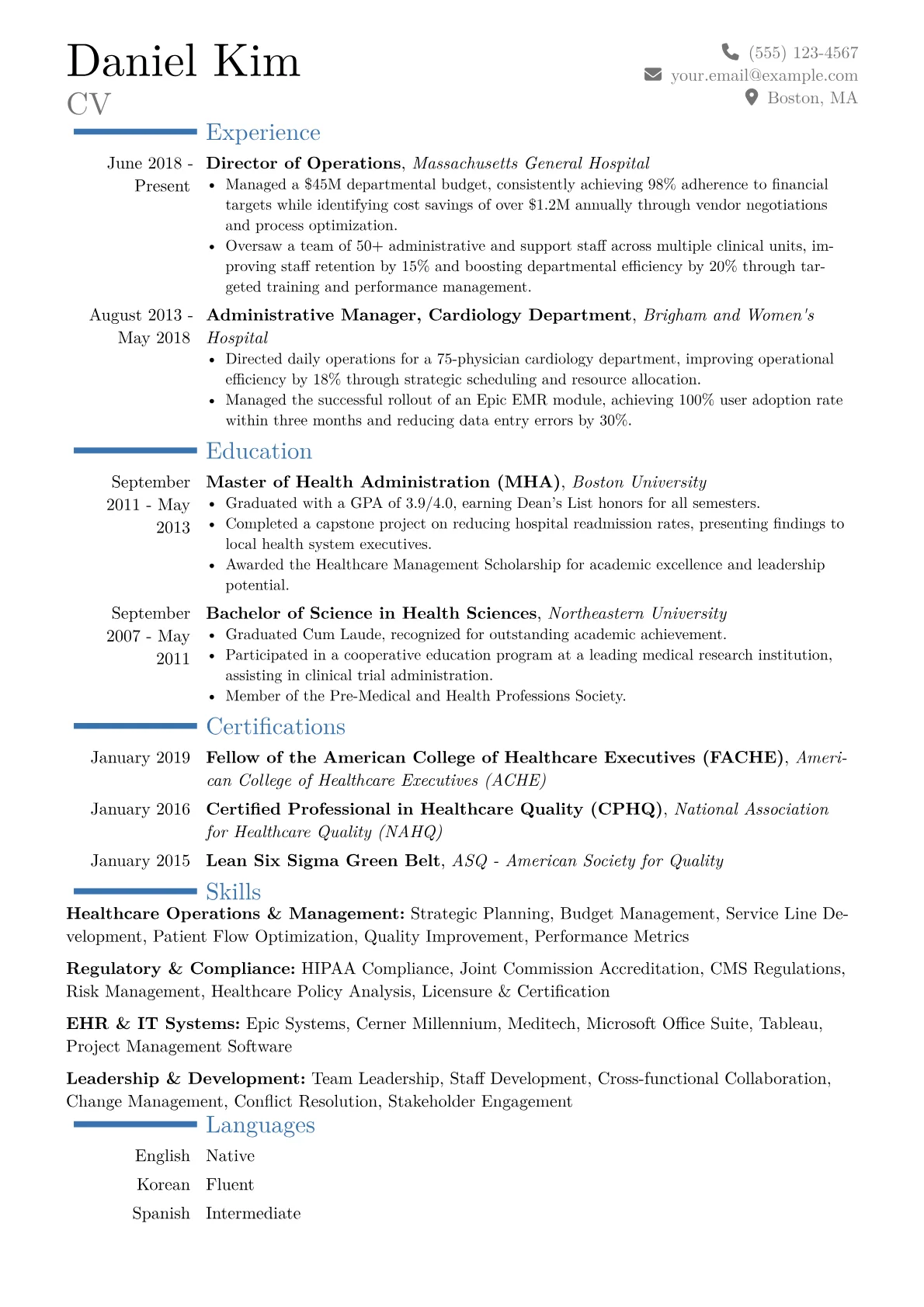 Healthcare Administrator Resume Example CV template - Page 1