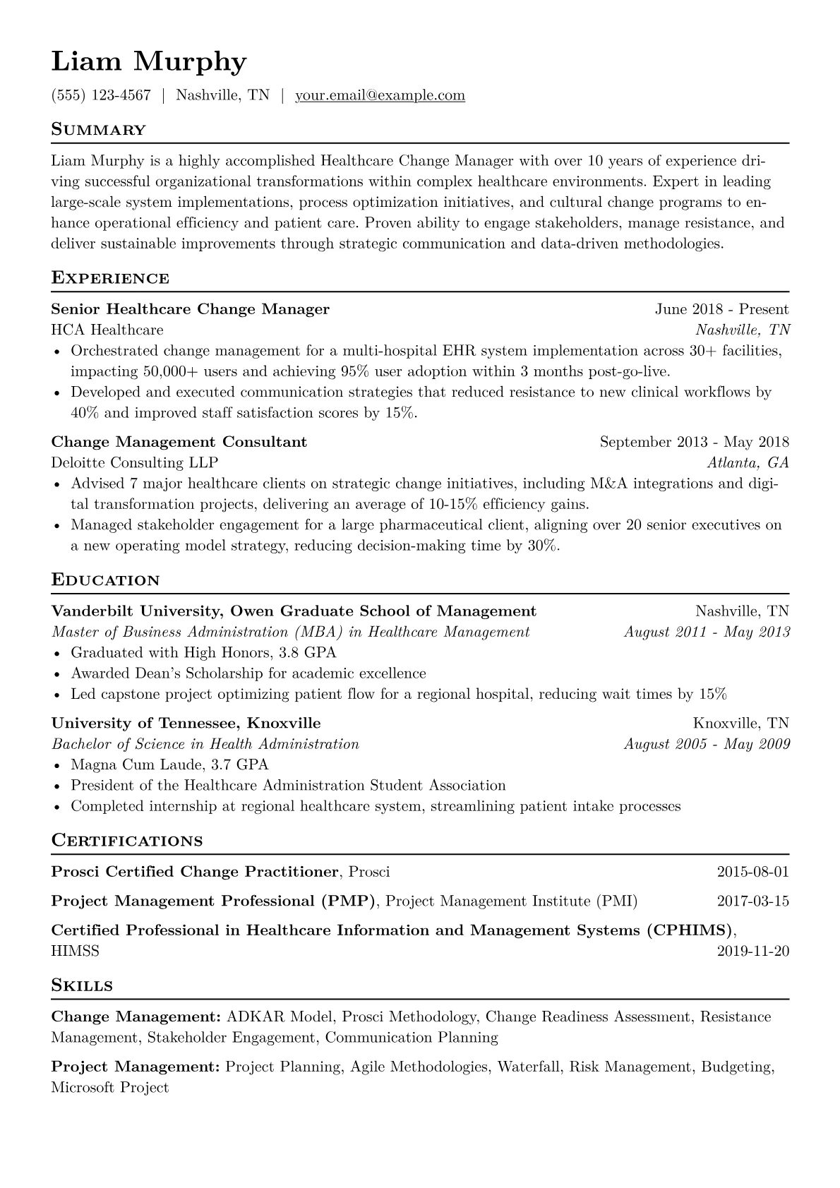 Healthcare Change Manager Resume Example CV template - Page 1