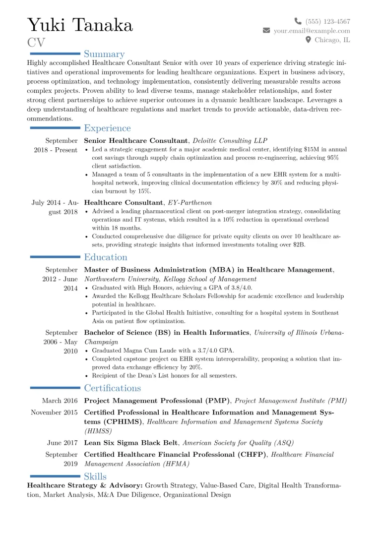 Healthcare Consultant Senior Resume Example CV template preview