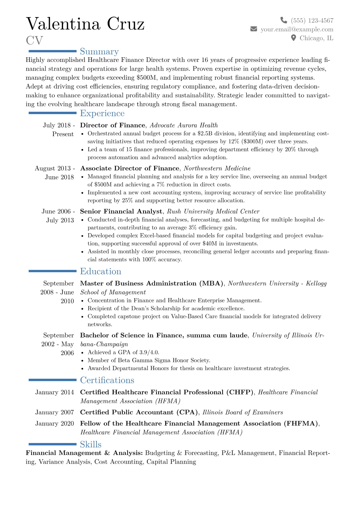 Healthcare Finance Director Resume Example CV template - Page 1