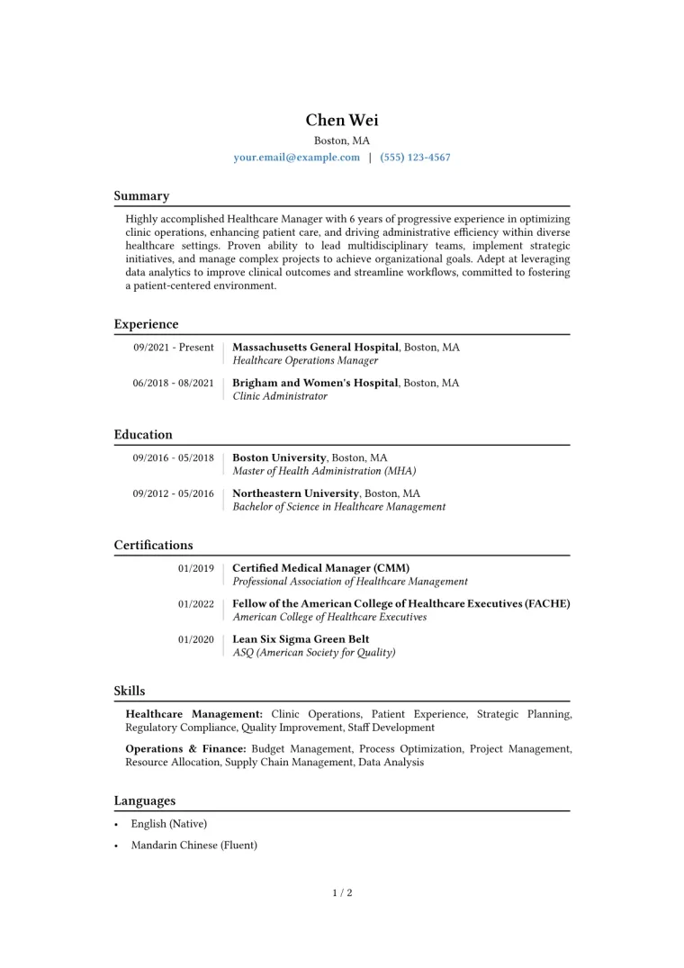 Healthcare Manager Resume Example CV template preview