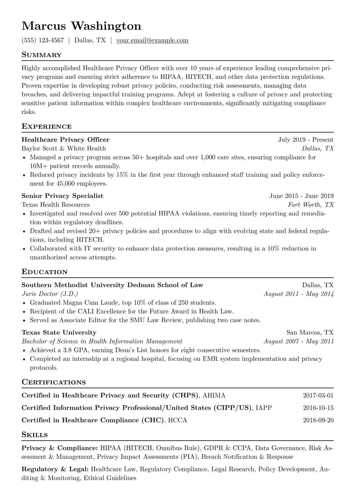 Healthcare Privacy Officer Resume Example CV template - Page 1