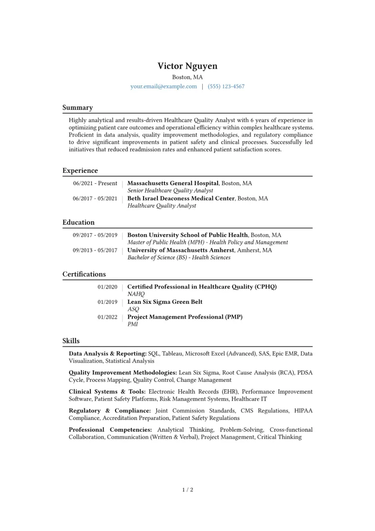 Healthcare Quality Analyst Resume Example CV template preview