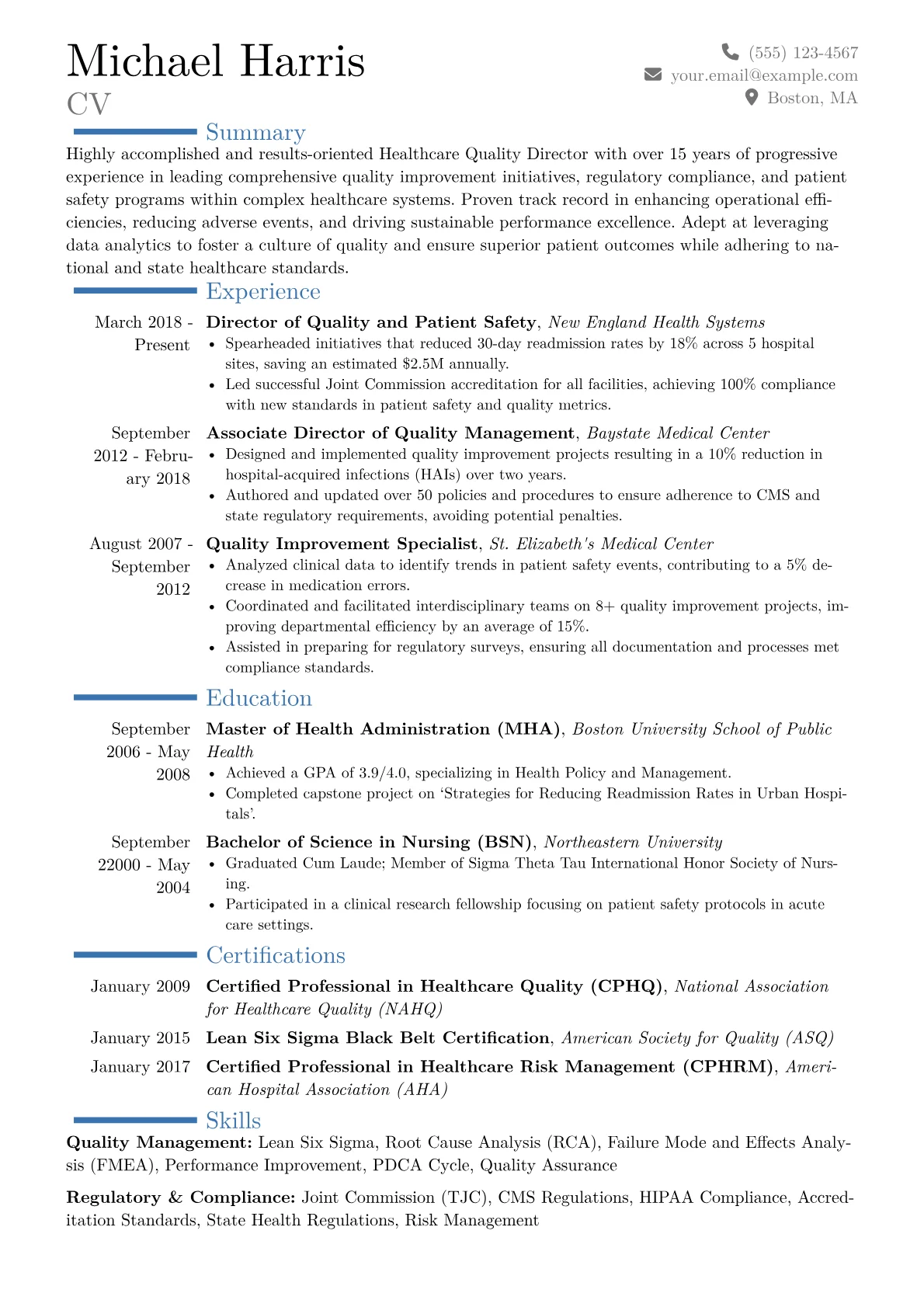 Healthcare Quality Director Resume Example CV template - Page 1