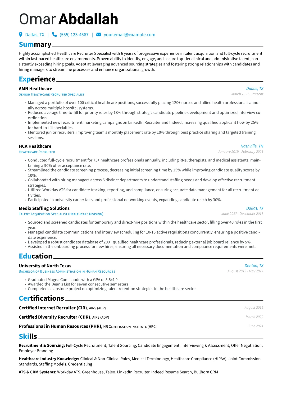 Healthcare Recruiter Specialist Resume Example CV template - Page 1
