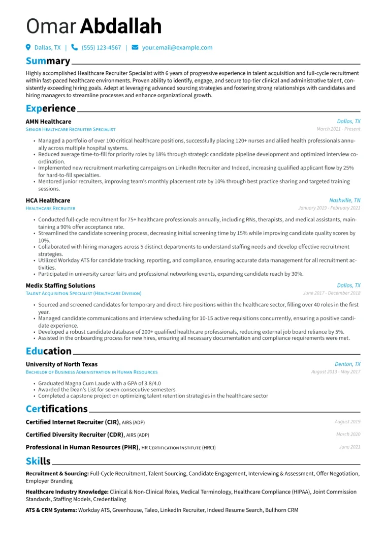 Healthcare Recruiter Specialist Resume Example CV template preview