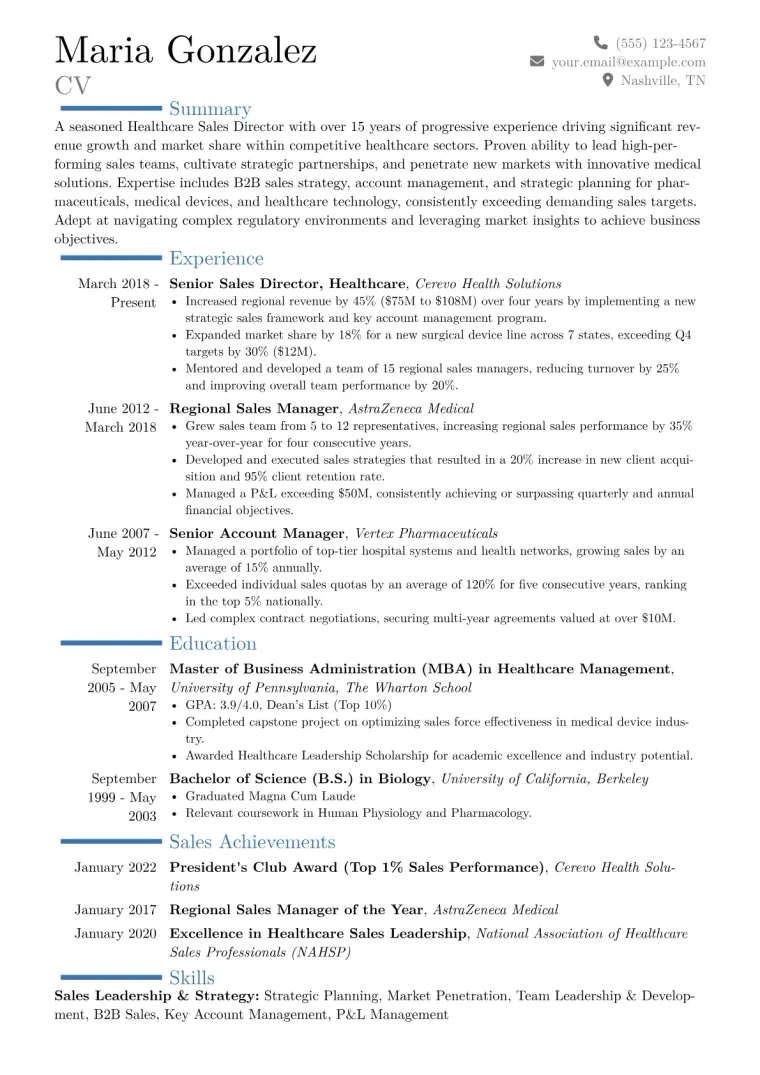 Healthcare Sales Director Resume Example CV template preview