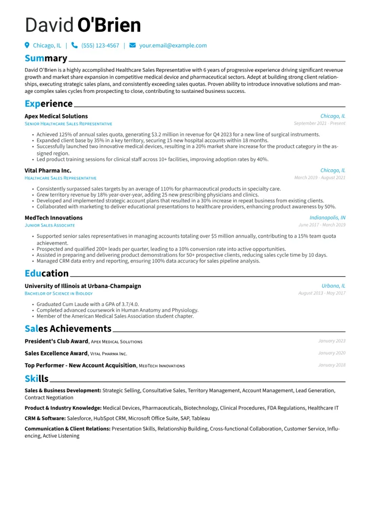 Healthcare Sales Representative Resume Example CV template preview