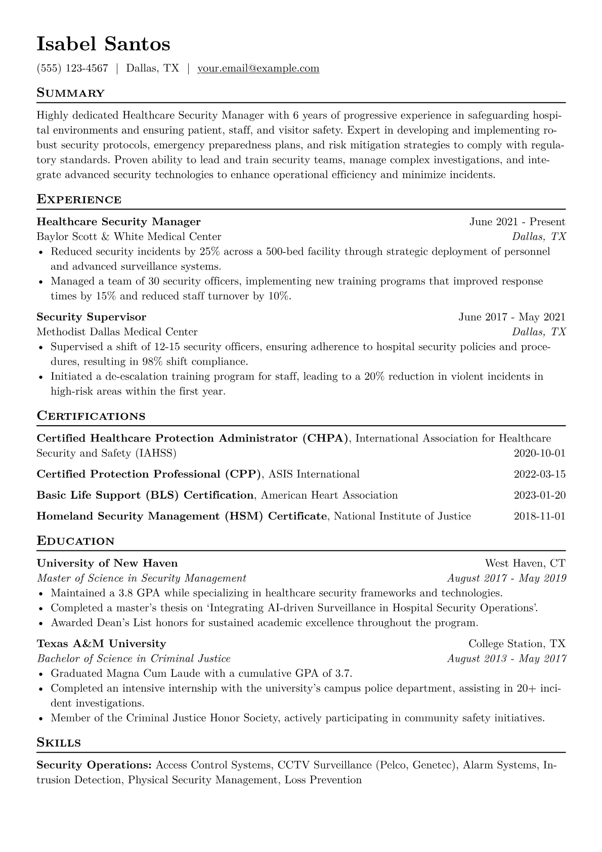 Healthcare Security Manager Resume Example CV template - Page 1