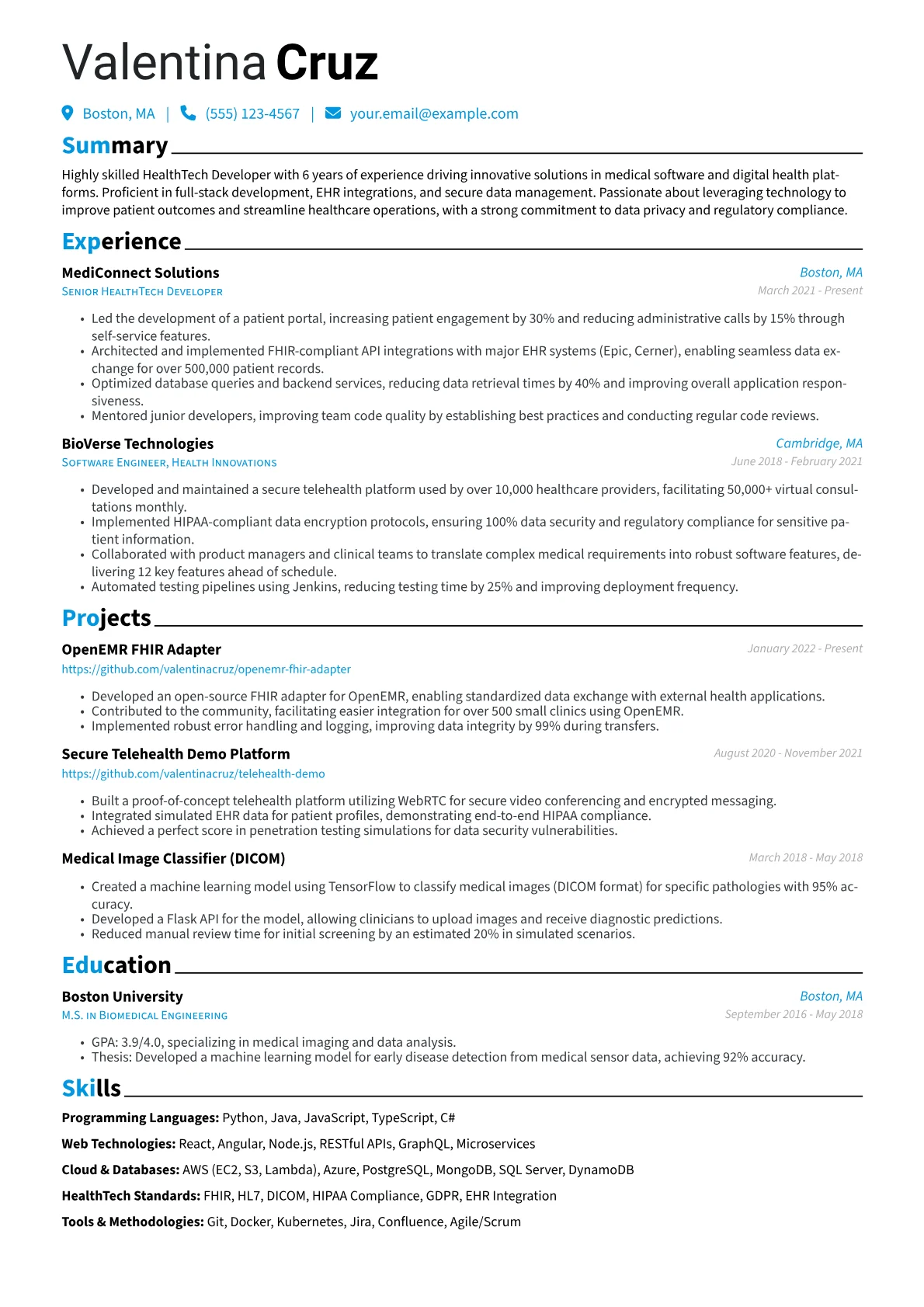 HealthTech Developer Resume Example CV template - Page 1
