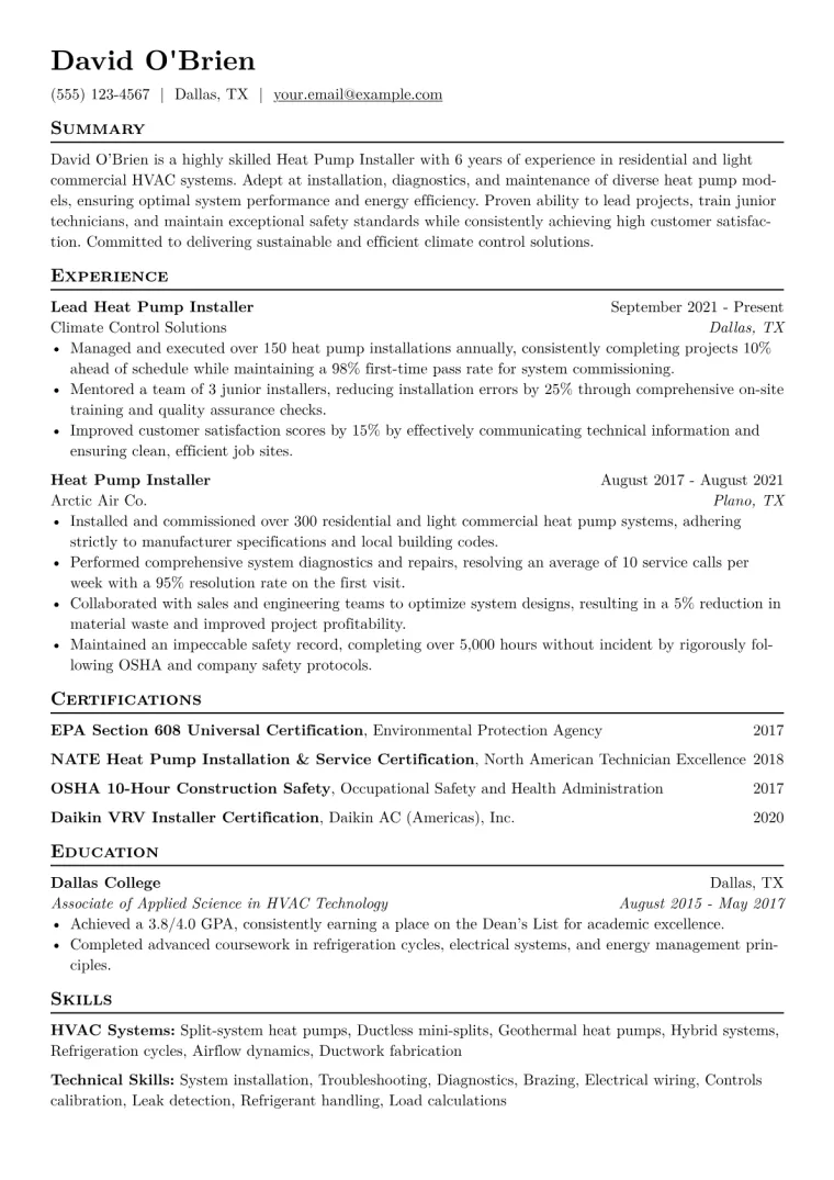 Heat Pump Installer Resume Example CV template preview