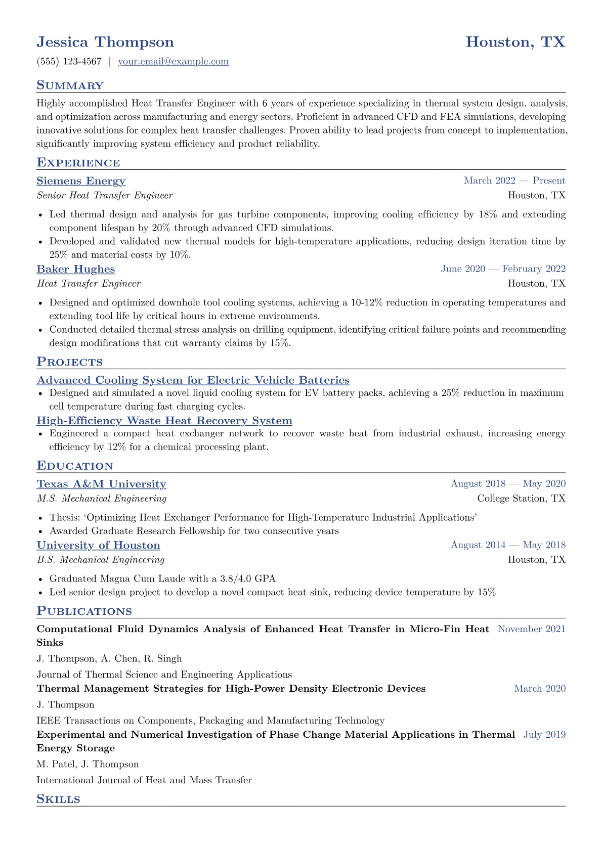 Heat Transfer Engineer Resume Example CV template - Page 1