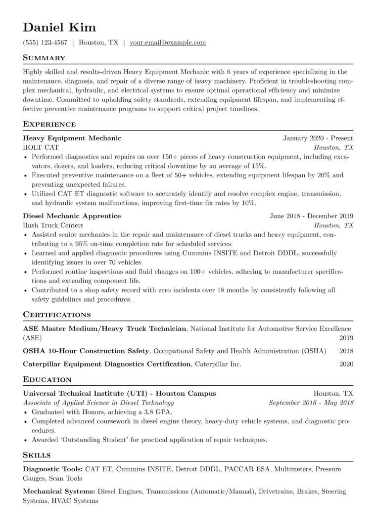 Heavy Equipment Mechanic Resume Example CV template preview