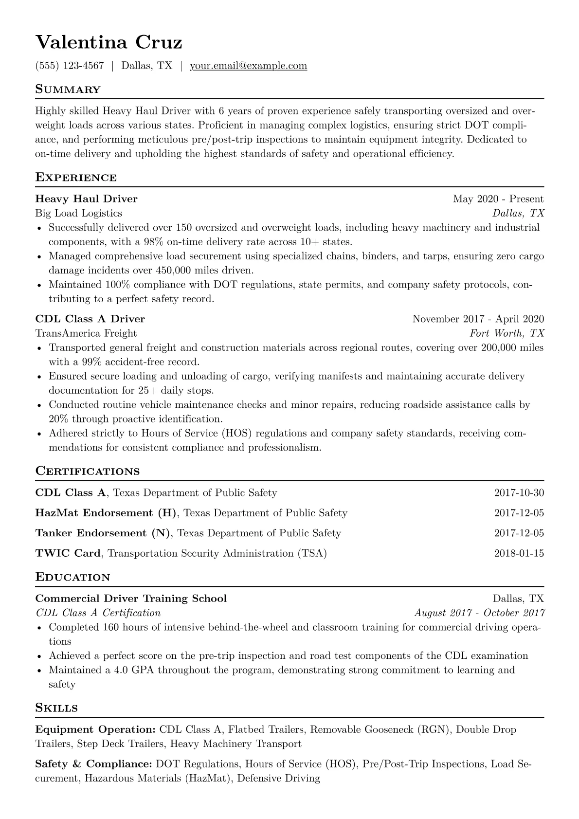 Heavy Haul Driver Resume Example CV template - Page 1