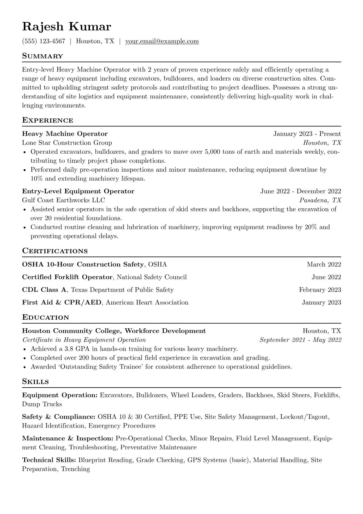 Heavy Machine Operator Resume Example CV template - Page 1