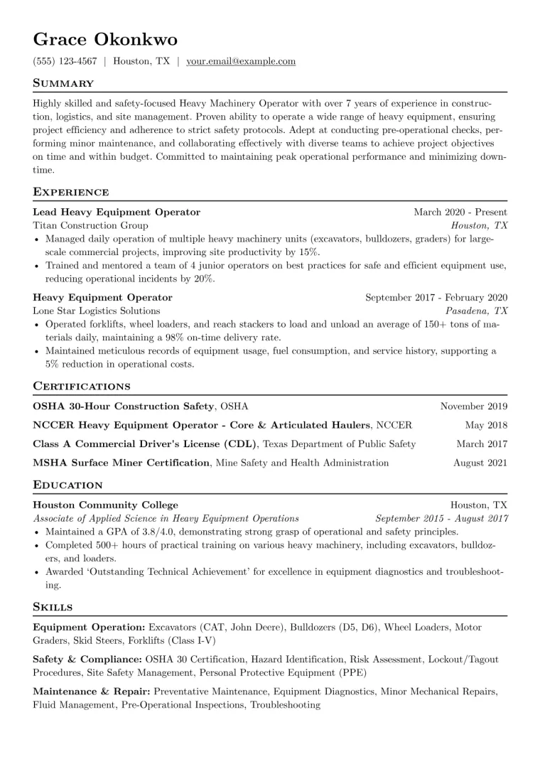 Heavy Machinery Operator Resume Example CV template preview