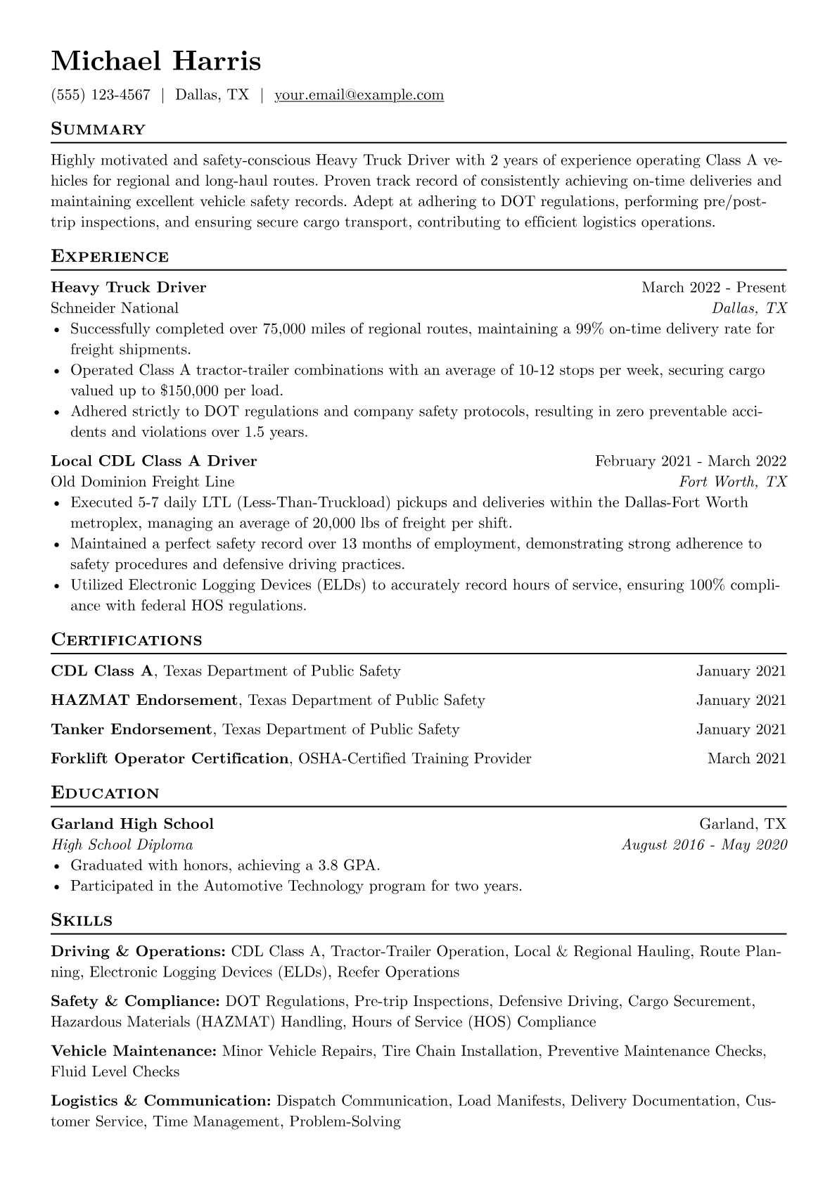 Heavy Truck Driver Resume Example CV template - Page 1