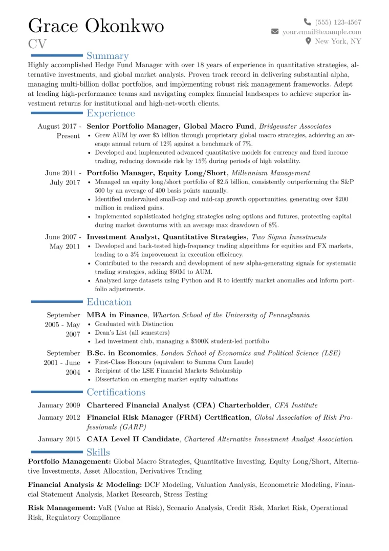 Hedge Fund Manager Resume Example CV template preview