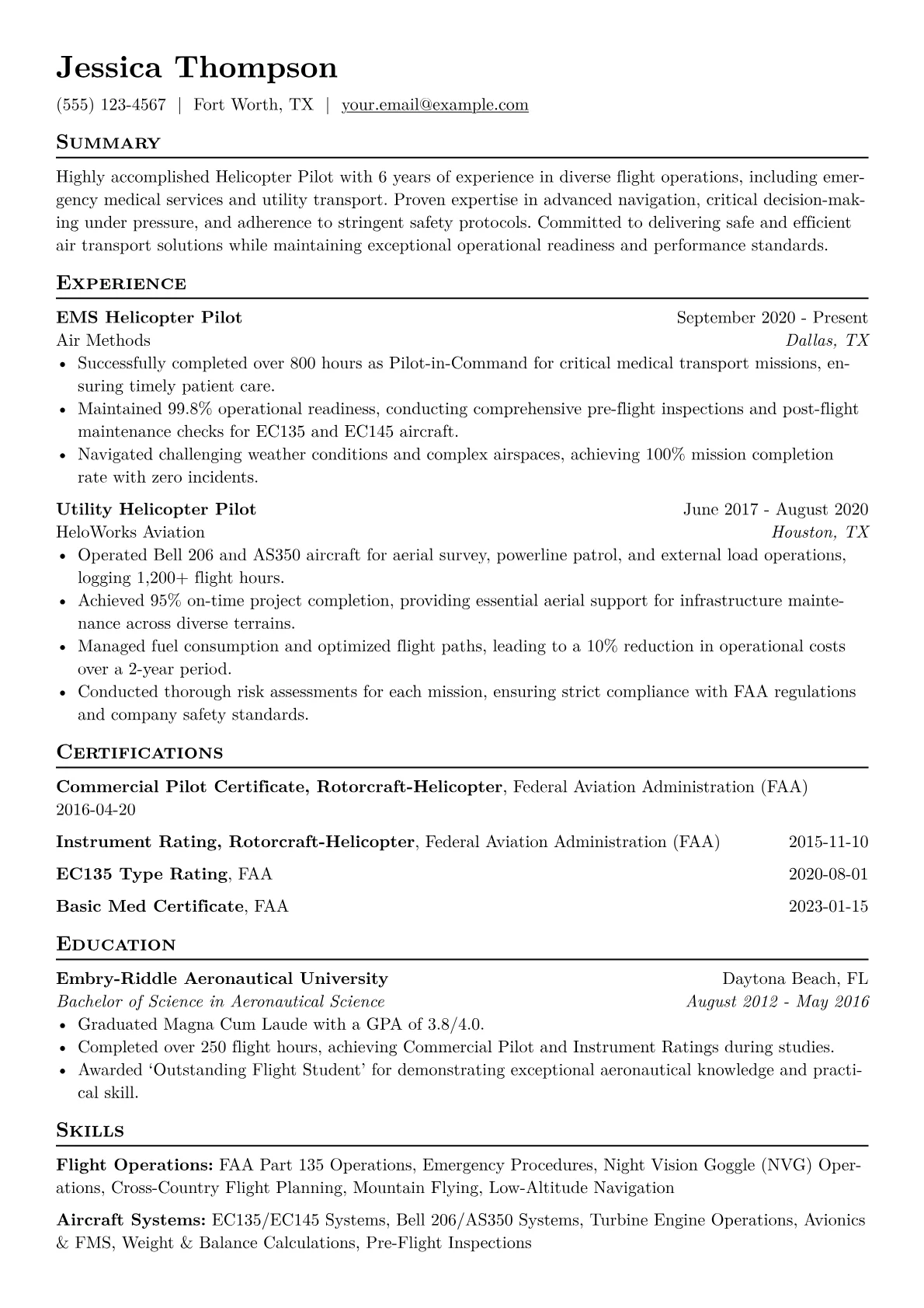Helicopter Pilot Resume Example CV template - Page 1