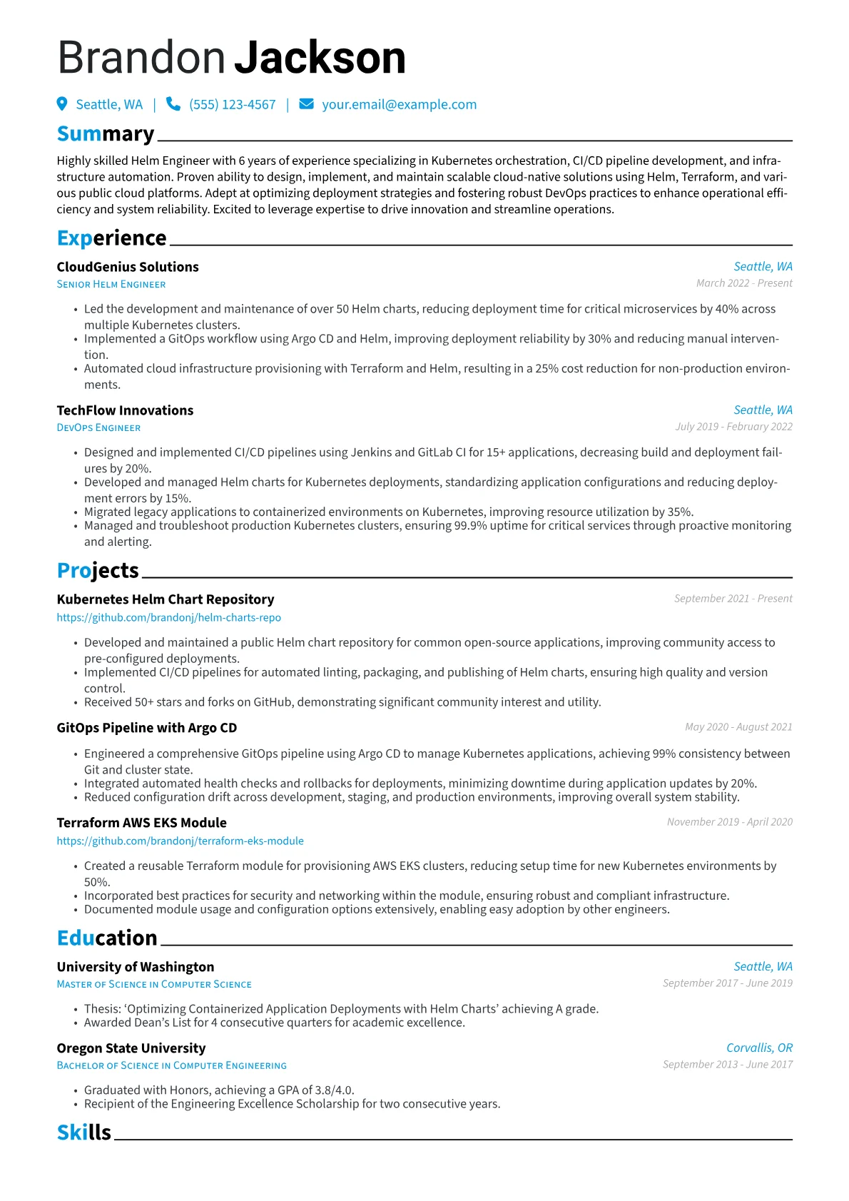 Helm Engineer Resume Example CV template - Page 1