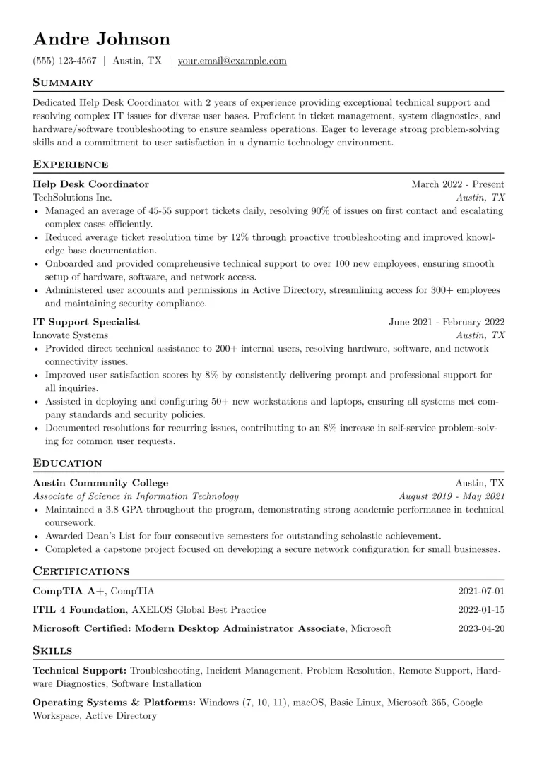 Help Desk Coordinator Resume Example CV template preview