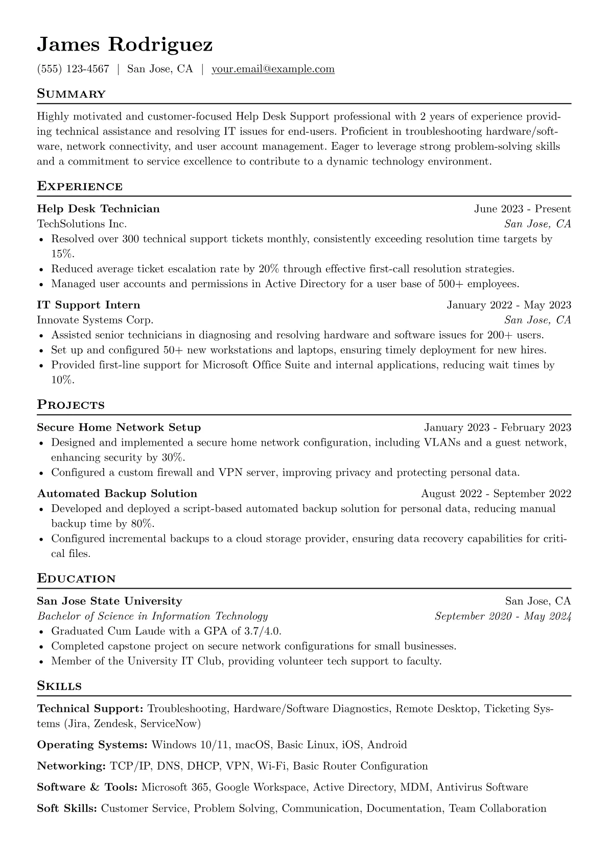 Help Desk Support Resume Example CV template - Page 1