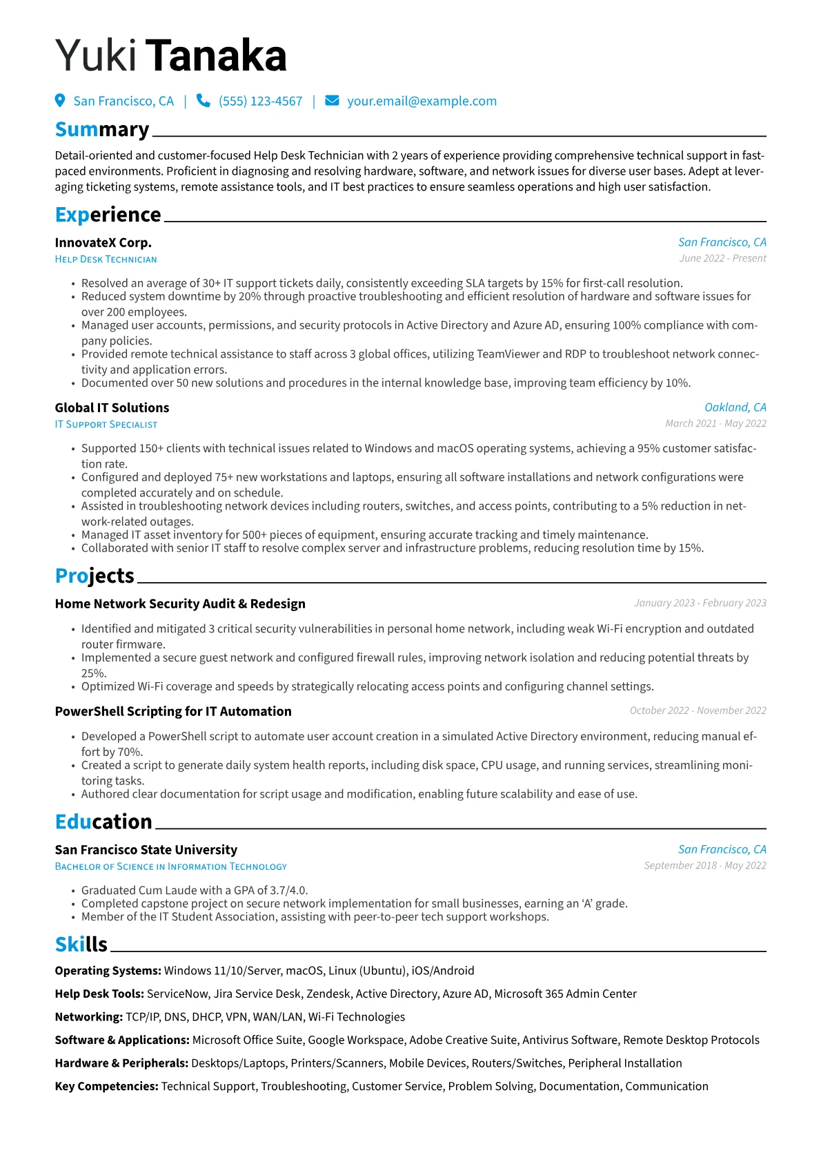 Help Desk Technician Resume Example CV template - Page 1