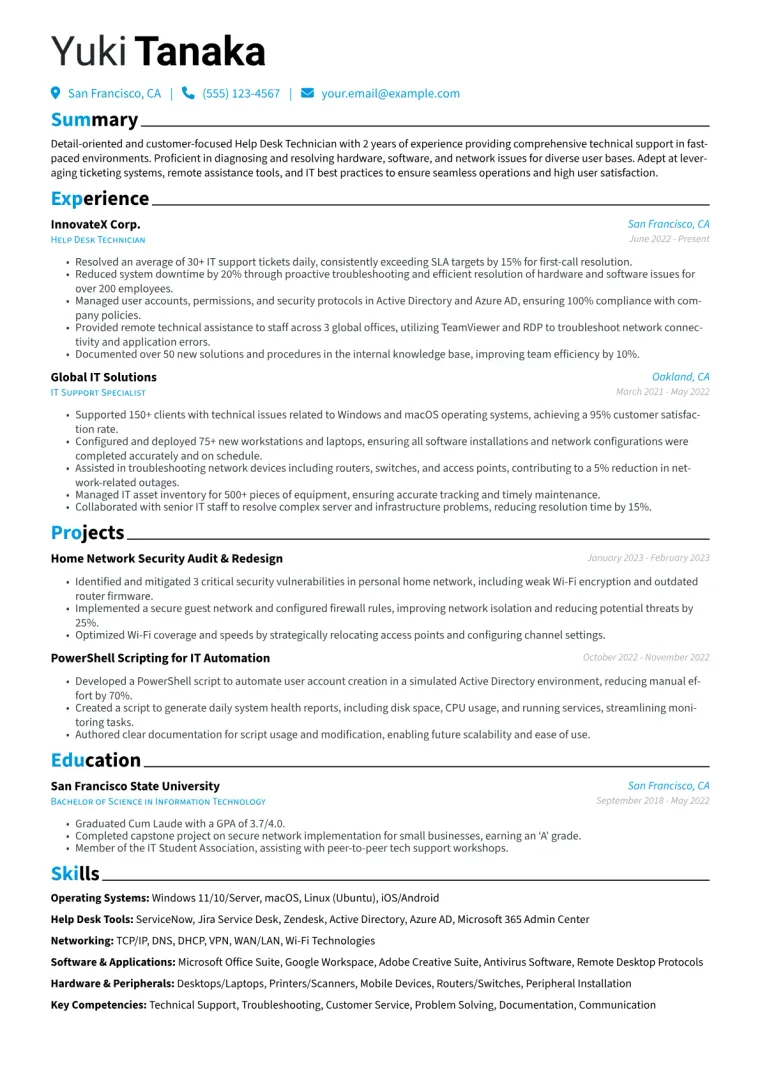 Help Desk Technician Resume Example CV template preview