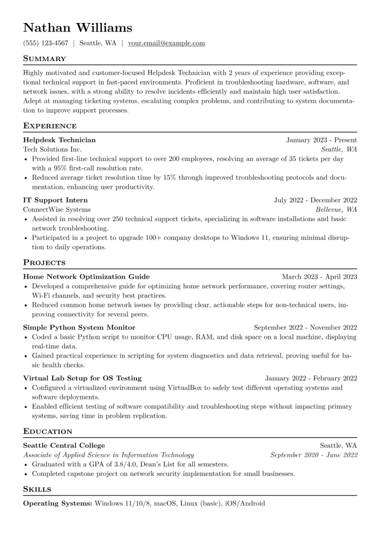 Helpdesk Technician Resume Example CV template preview