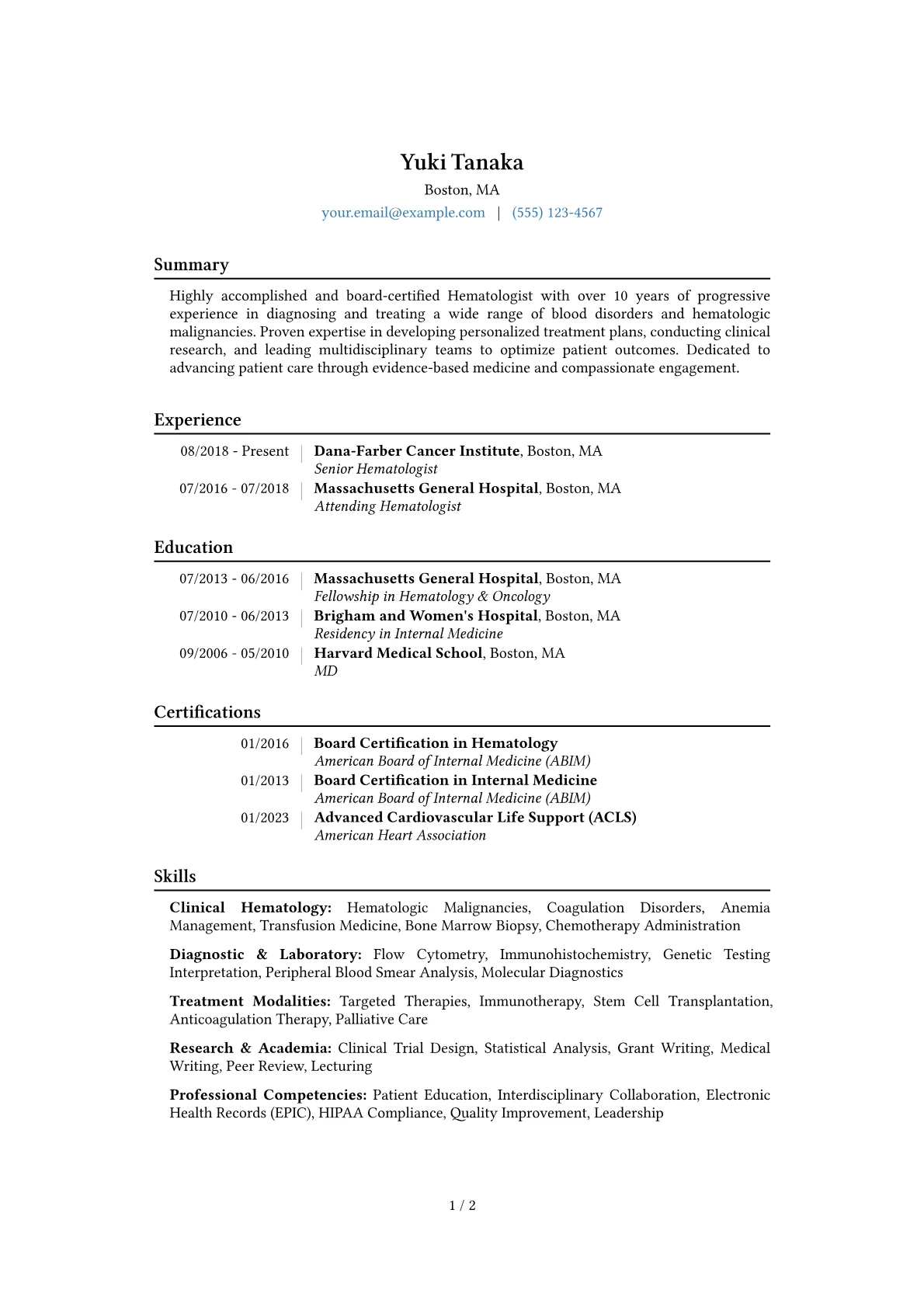 Hematologist Resume Example CV template - Page 1