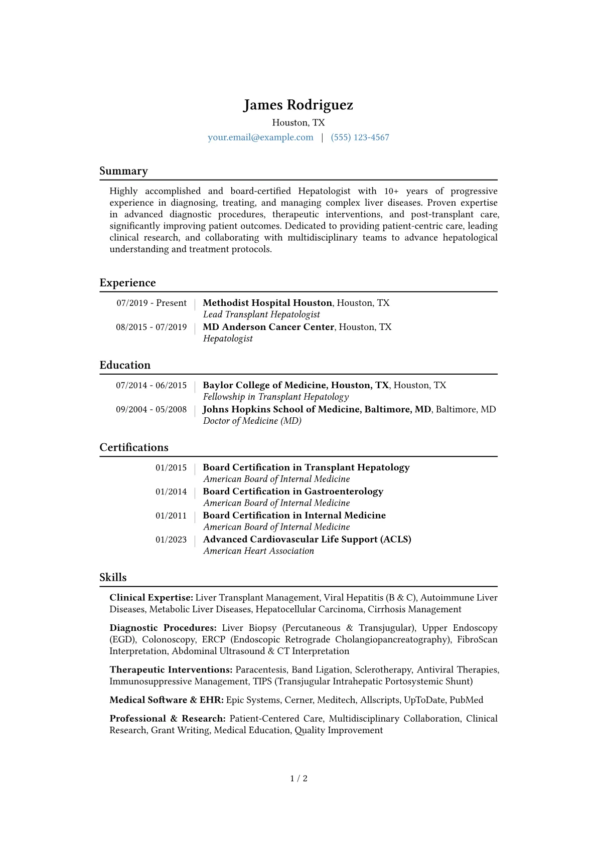 Hepatologist Resume Example CV template - Page 1
