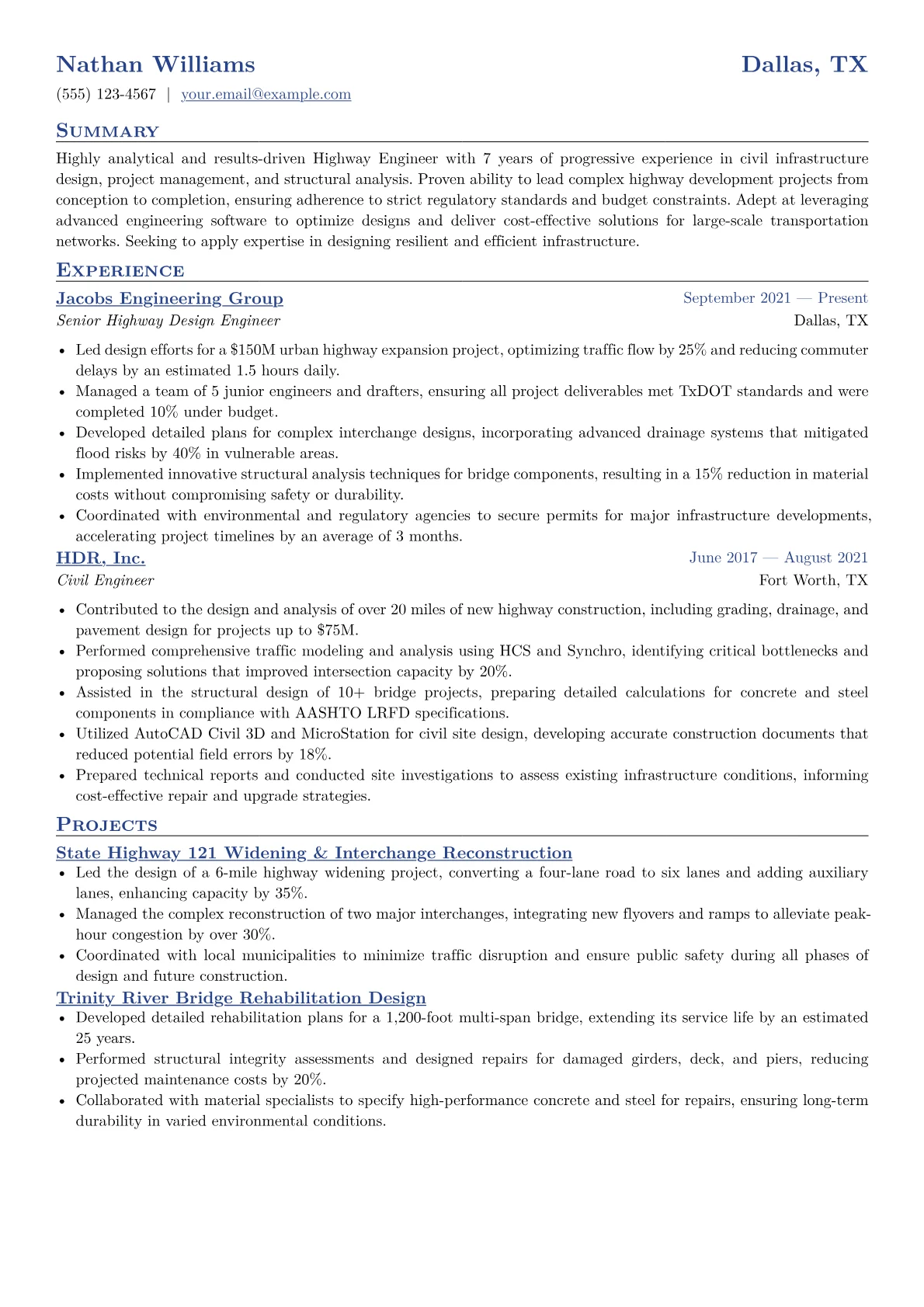 Highway Engineer Resume Example CV template - Page 1