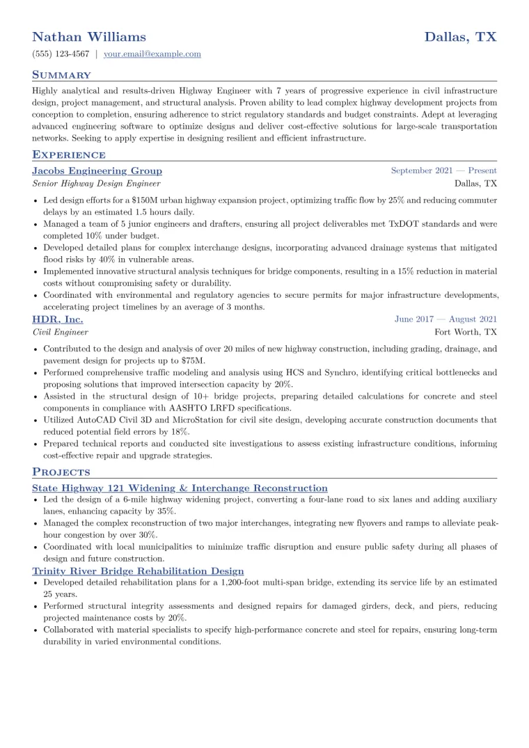 Highway Engineer Resume Example CV template preview