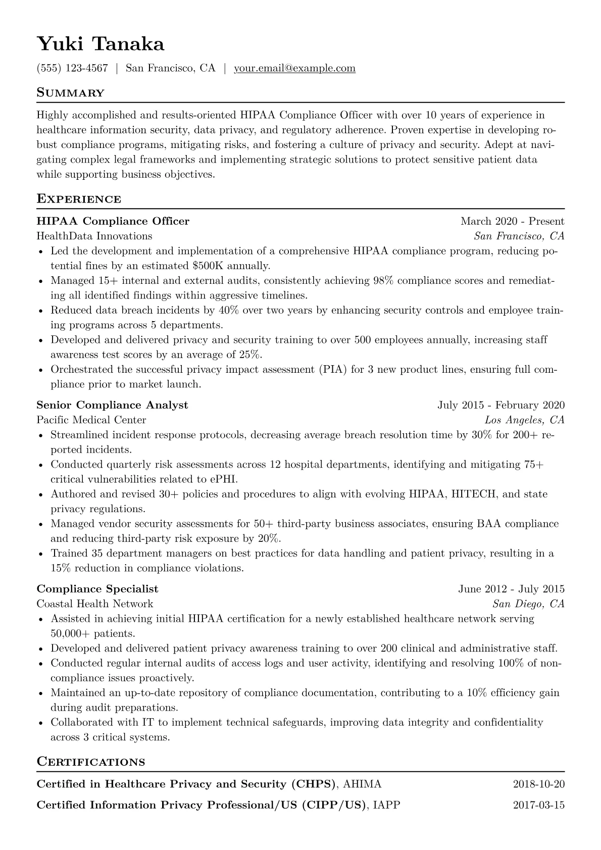 HIPAA Compliance Officer Resume Example CV template - Page 1
