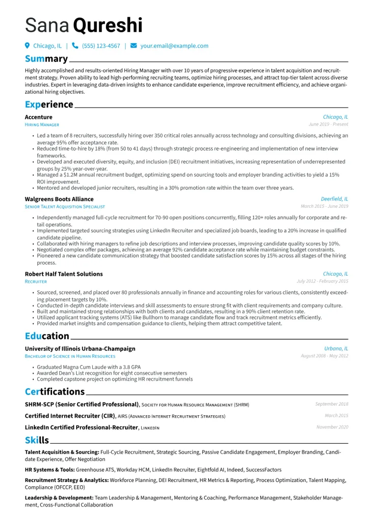 Hiring Manager Resume Example CV template preview