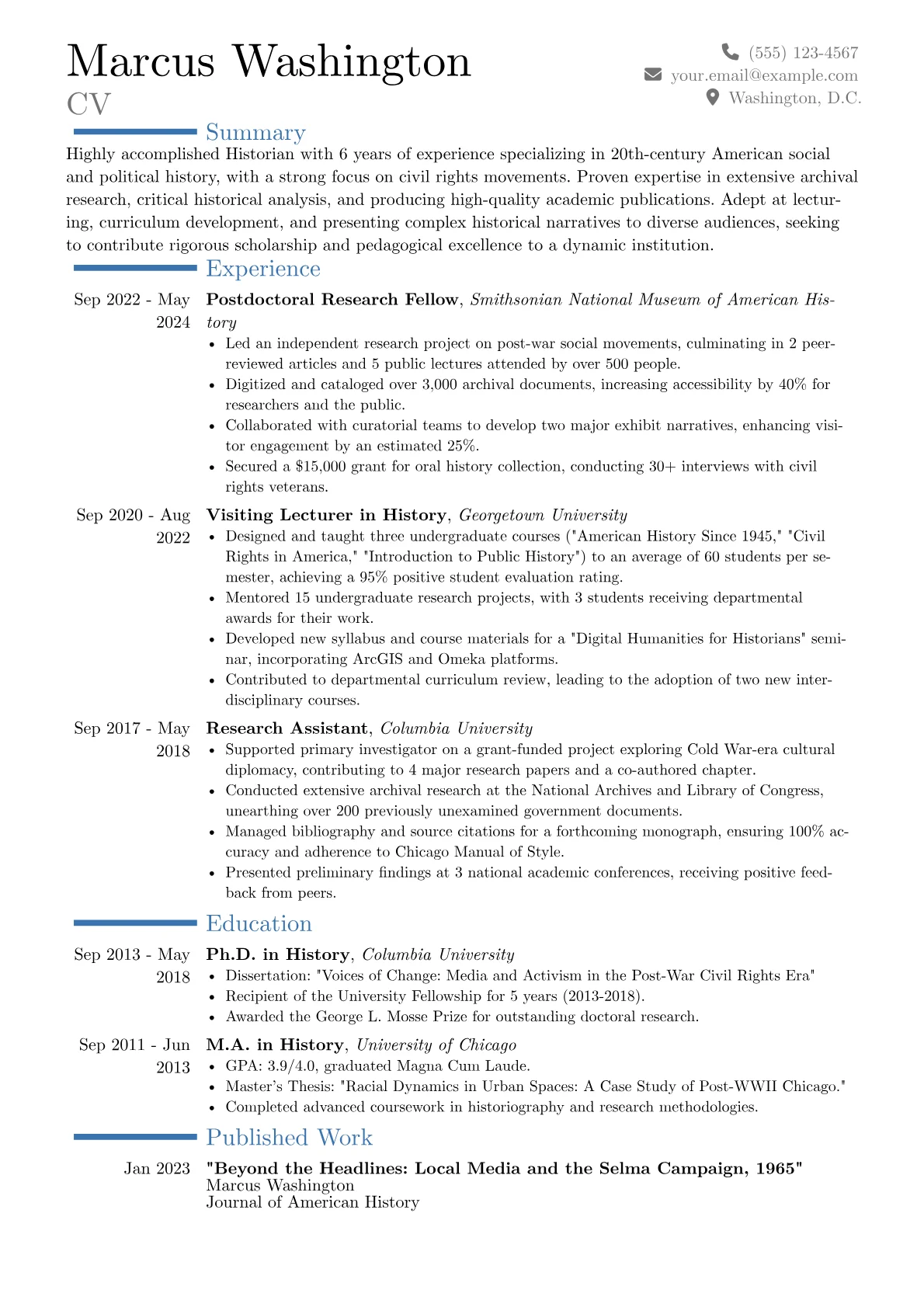 Historian Resume Example CV template - Page 1