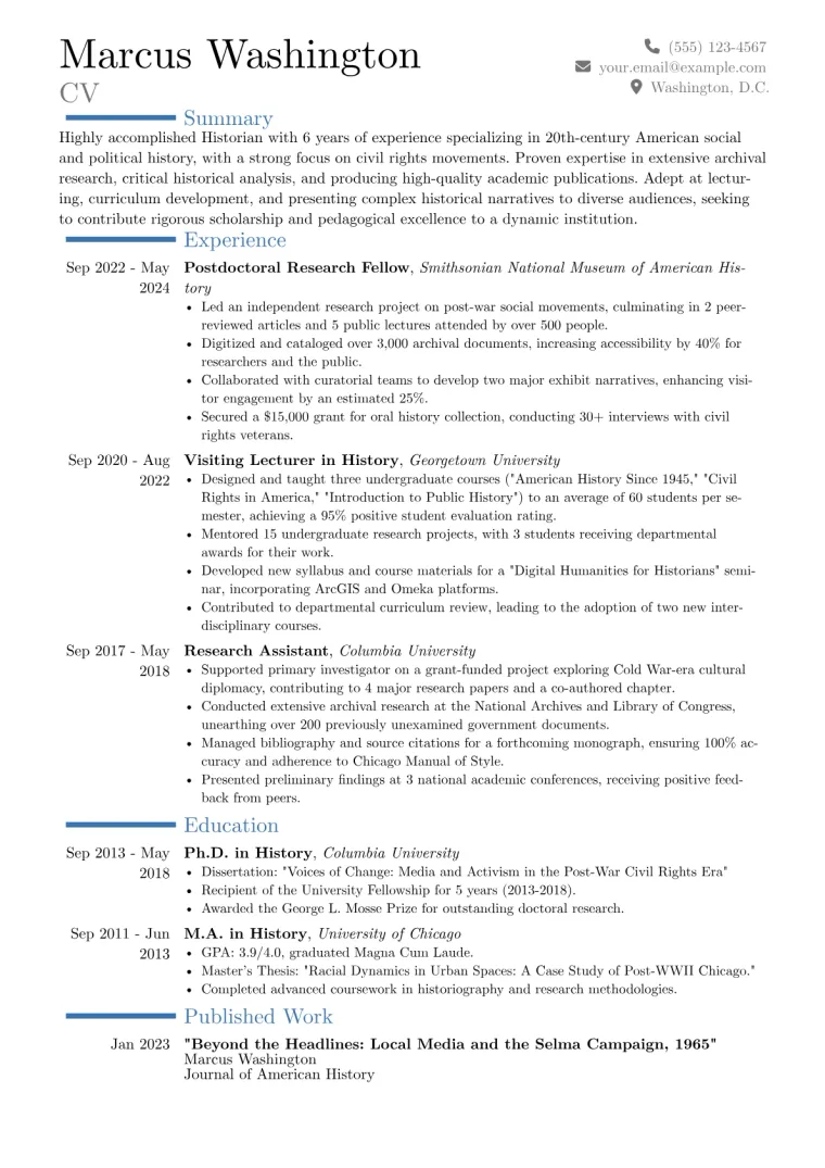 Historian Resume Example CV template preview