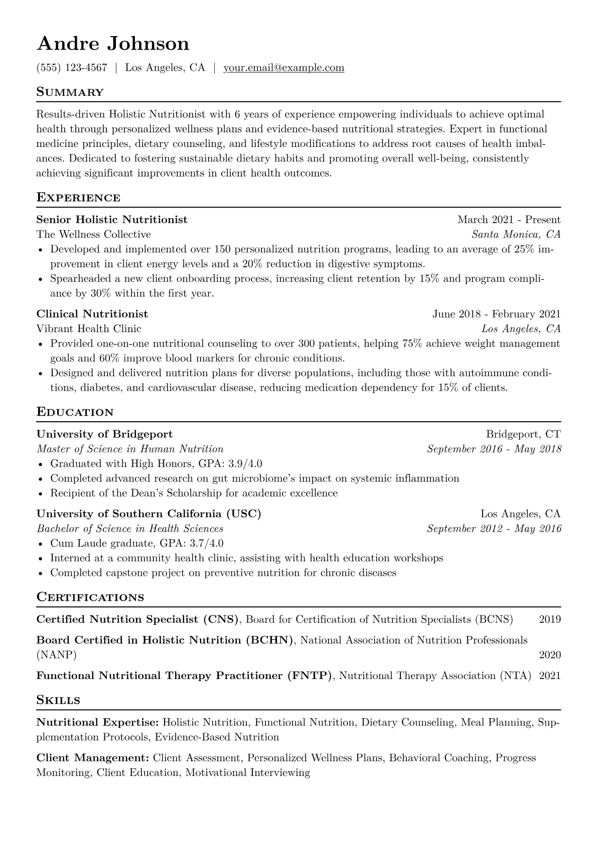 Holistic Nutritionist Resume Example CV template - Page 1