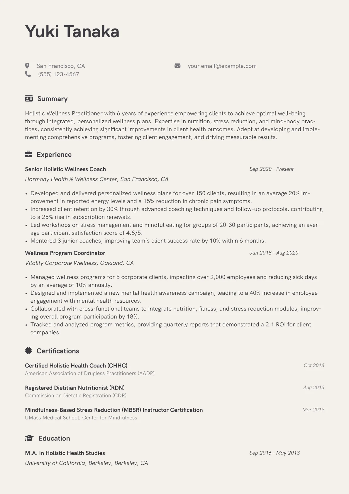 Holistic Wellness Practitioner Resume Example CV template - Page 1