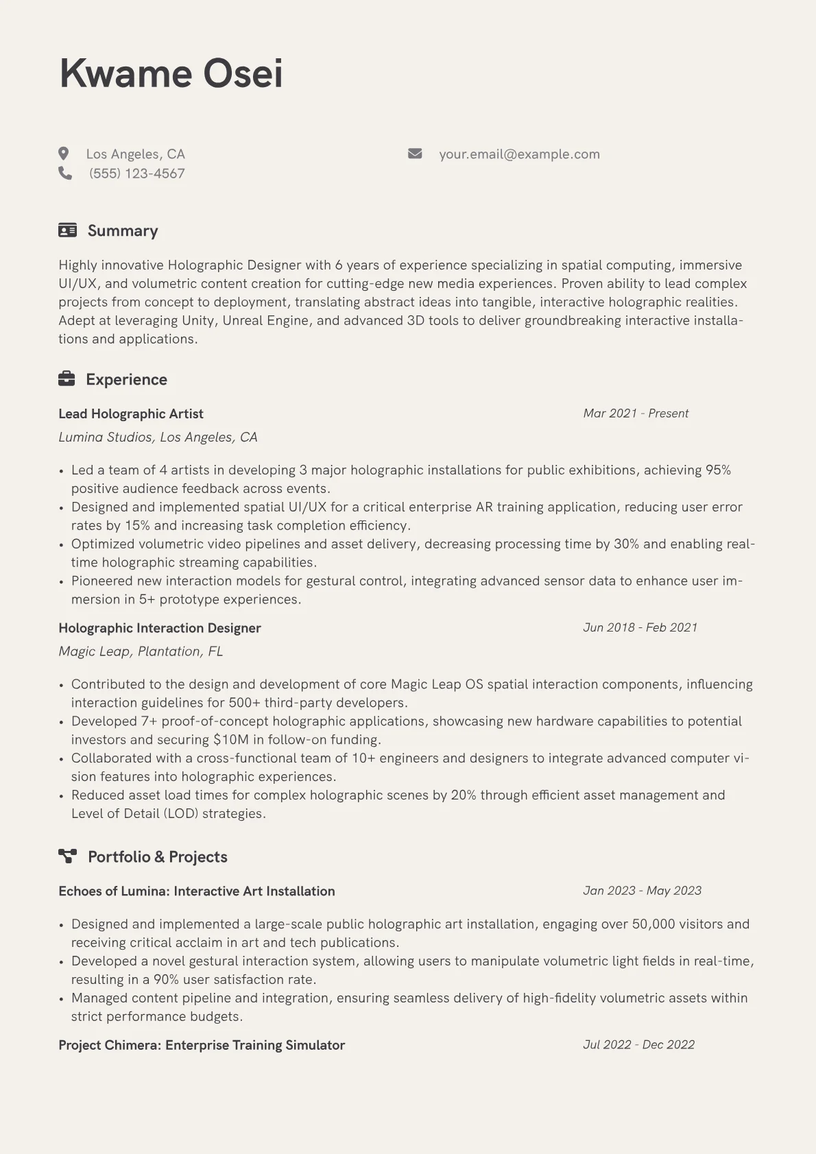Holographic Designer Resume Example CV template - Page 1