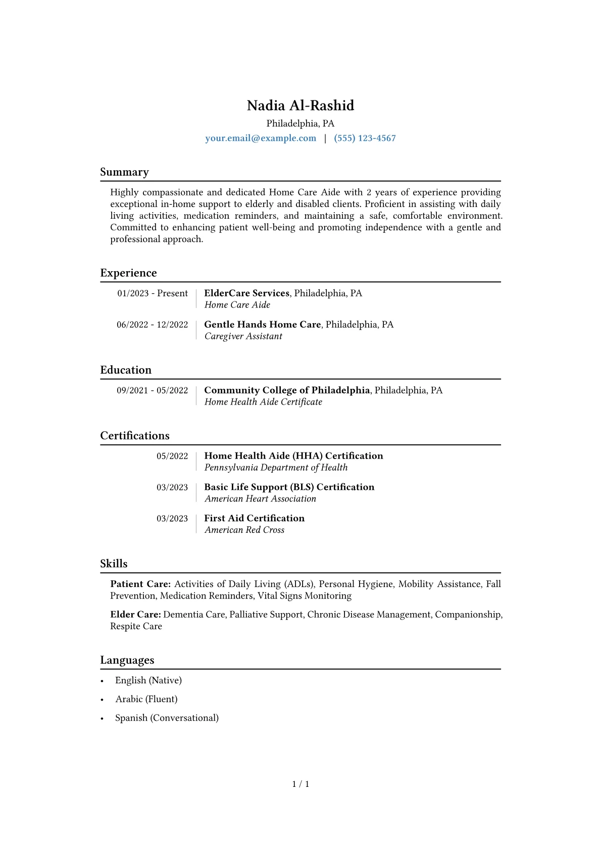 Home Care Aide Resume Example CV template - Page 1