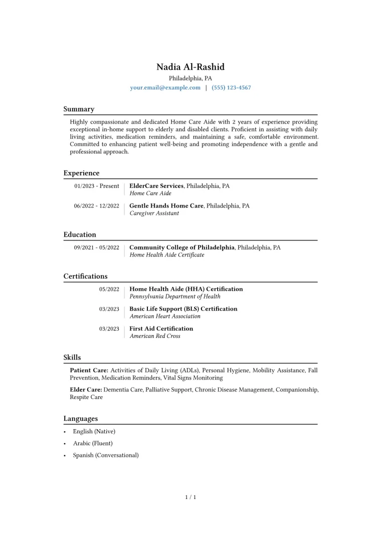 Home Care Aide Resume Example CV template preview