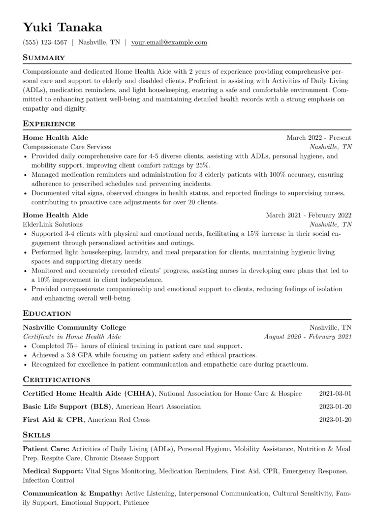Home Health Aide Resume Example CV template preview