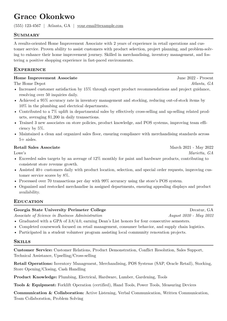 Home Improvement Associate Resume Example CV template preview