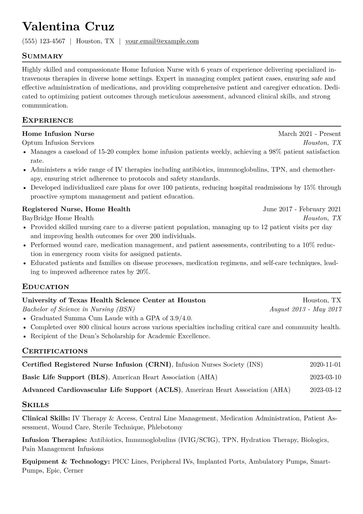 Home Infusion Nurse Resume Example CV template - Page 1