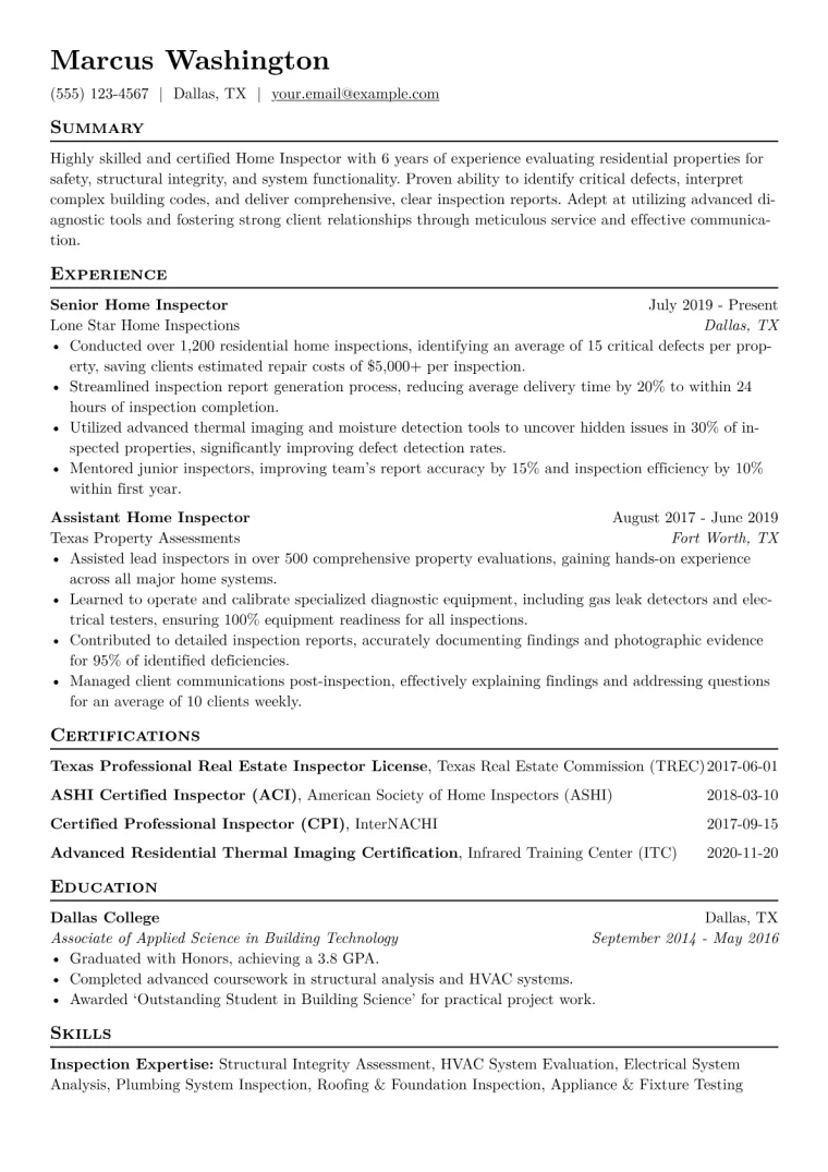 Home Inspector Resume Example CV template preview