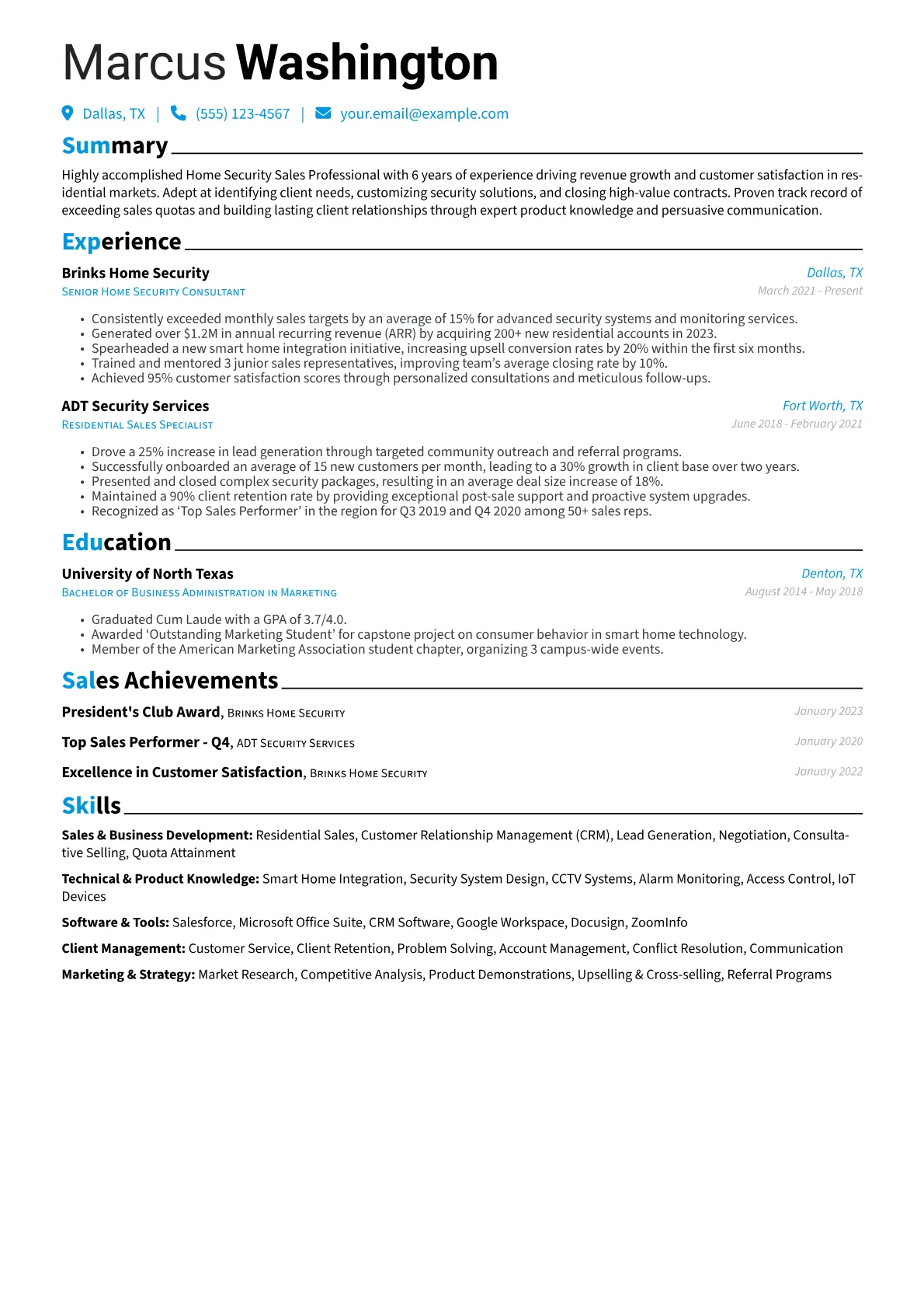Home Security Sales Resume Example CV template - Page 1