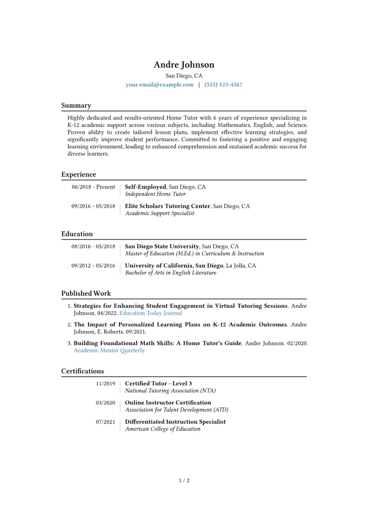 Home Tutor Resume Example CV template preview