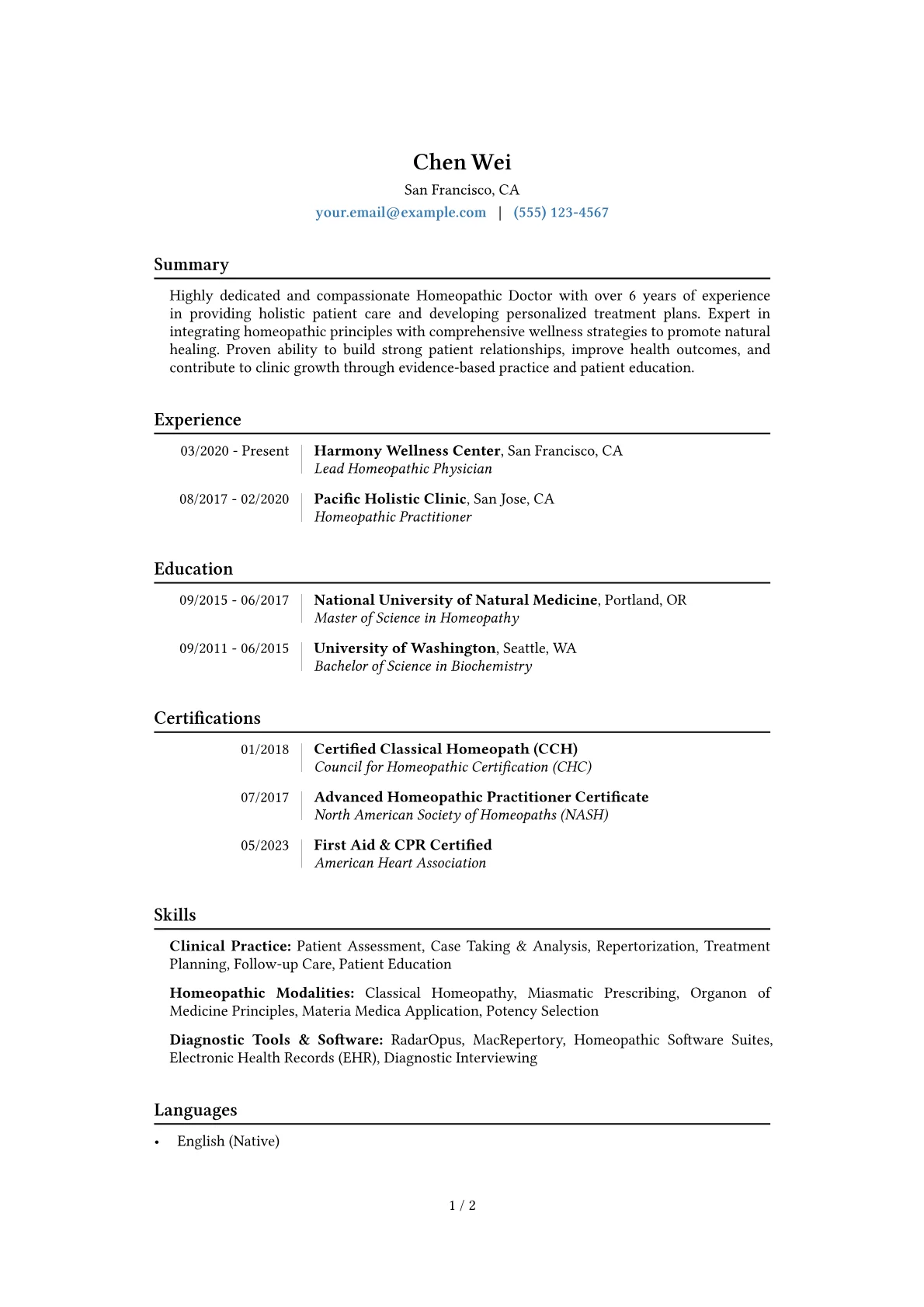 Homeopathic Doctor Resume Example CV template - Page 1